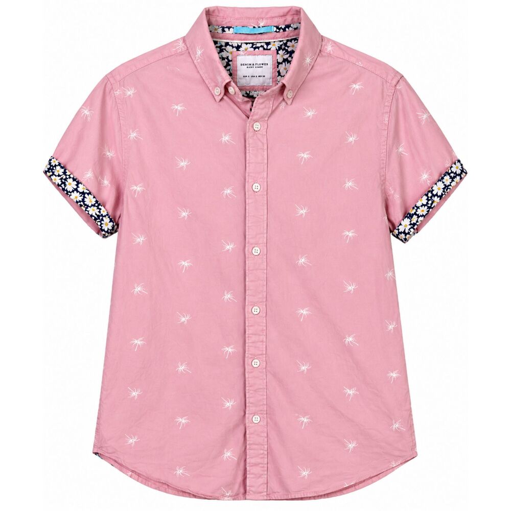 Denim & Flower Ricky Singh Men’s Pink Palm Print Short Sleeve Shirt Size S